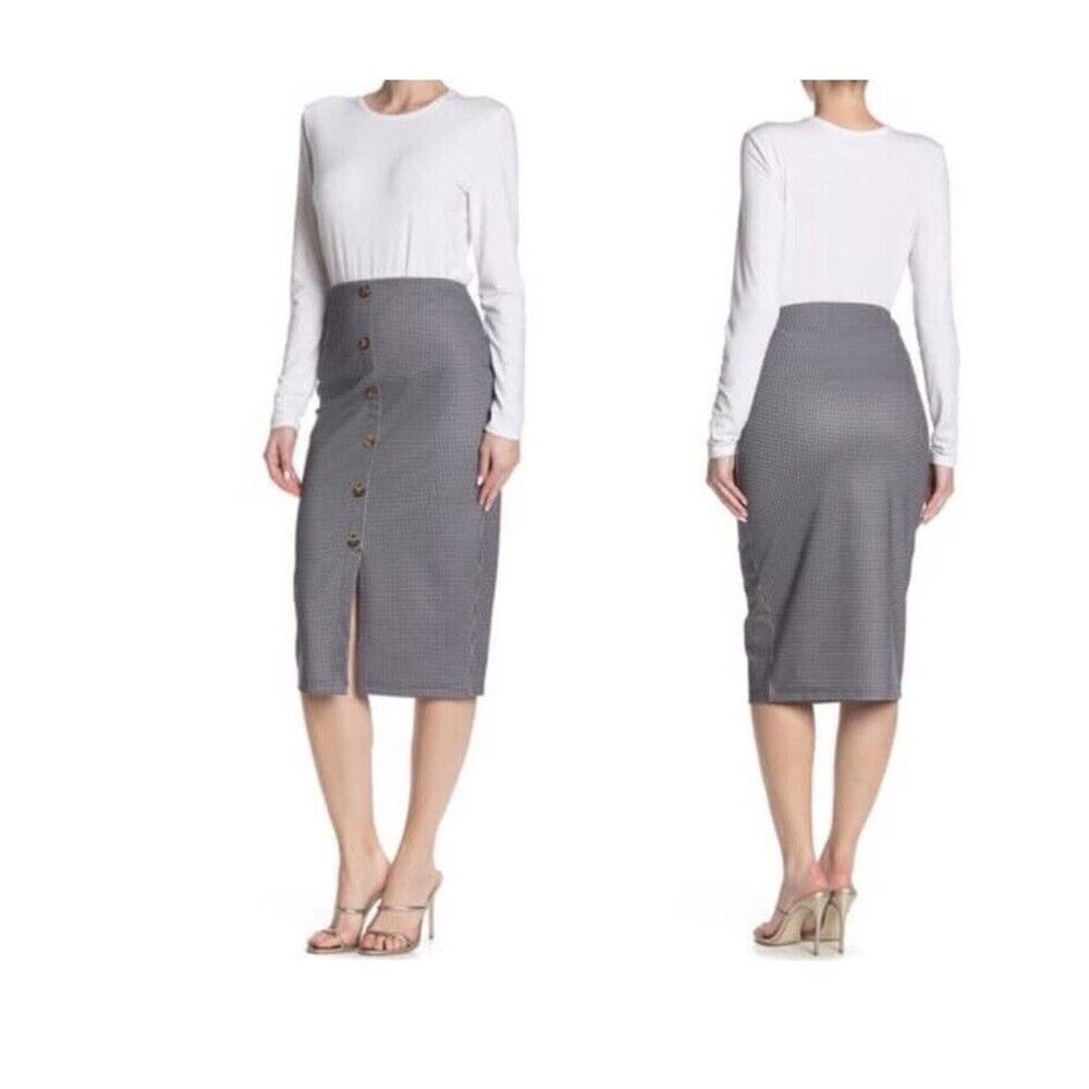 Sanctuary Black White Gingham Button Front High Waist Midi Skirt size Large